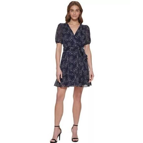 DKNY DD2F3346 Women's Sz 6 Black Embroidered Faux-Wrap Sheer-Sleeve Dress $139+ - Picture 14 of 16